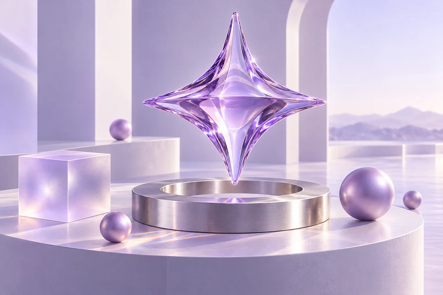 Light passing through a sculptural violet glass sparkle